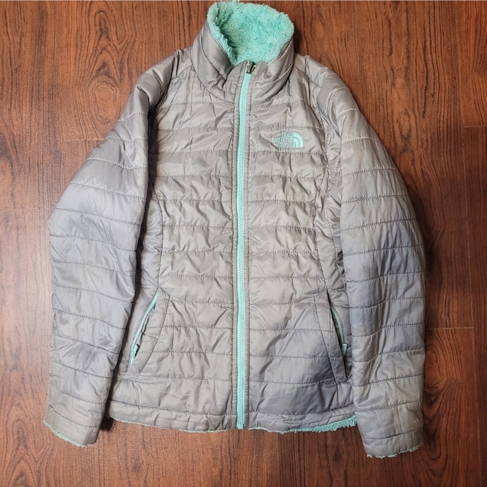 Northface reversible Grey and blue fur lined jacket kids medium